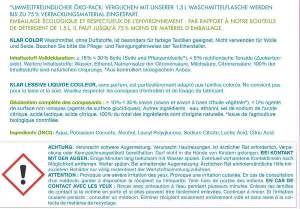 Klar Color Waschmittel sensitive flüssig 1,5 l