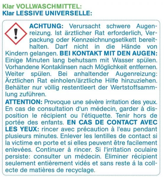 Klar Vollwaschmittel ohne Duft 2,475 kg Klar Vollwaschmittel ohne Duft 2,475 kg