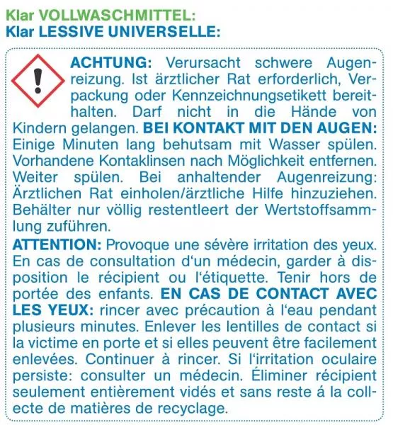 Klar Vollwaschmittel ohne Duft 1,1 kg Klar Vollwaschmittel ohne Duft 1,1 kg
