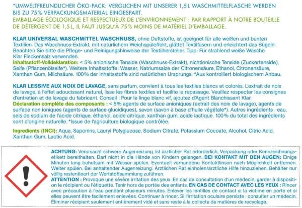 KLAR Universal Flüssigwaschmittel mit Waschnuss 1,5 l KLAR Universal Flüssigwaschmittel mit Waschnuss 1,5 l